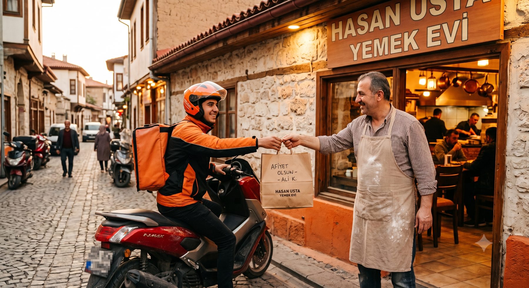 Hasan Usta Yemek Evi'nde bir Tıkır kuryesine sipariş teslim ediliyor